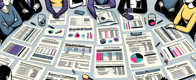 Symbolic image of financial statement analysis, showing a group of finance professionals reviewing financial statements