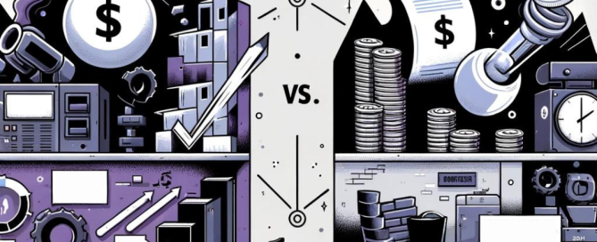Symbolic depiction of CAPEX and OPEX - one side showing capital expenses such as machinery and factories, and the other showing operating expenses such as employees, business offices