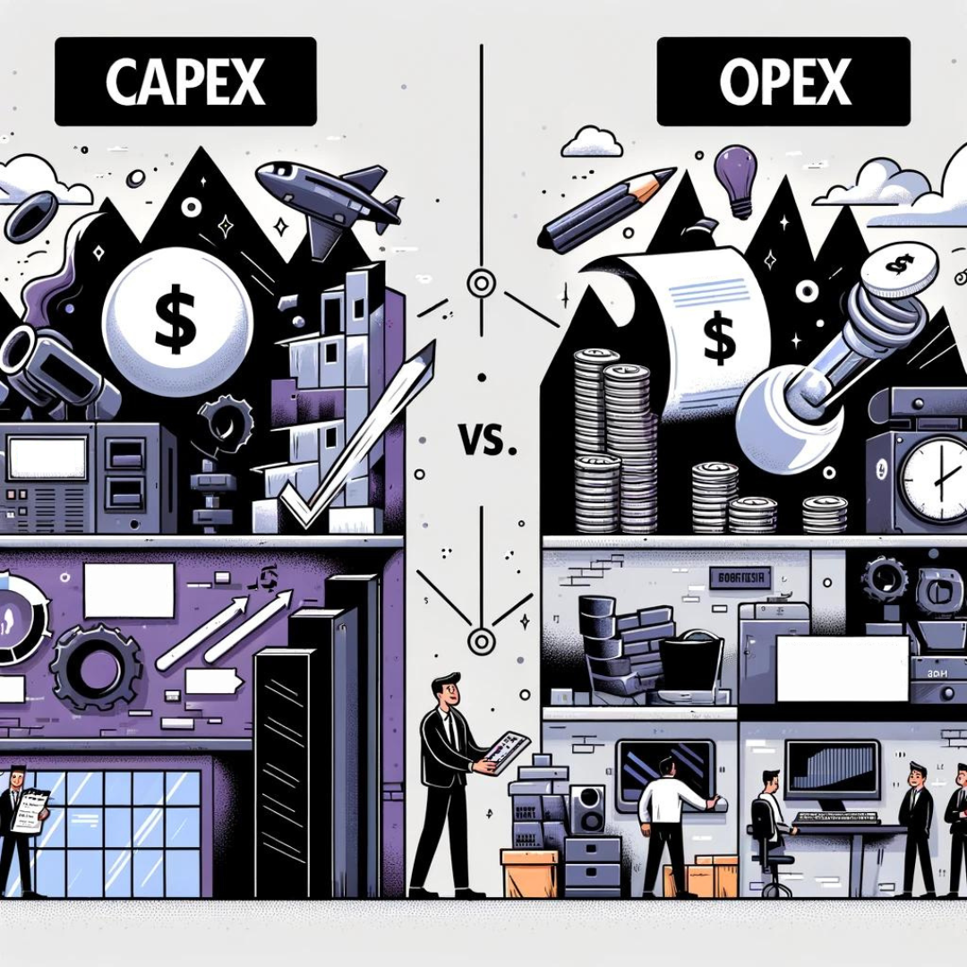 Symbolic depiction of CAPEX and OPEX - one side showing capital expenses such as machinery and factories, and the other showing operating expenses such as employees, business offices
