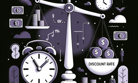 Symbolic image of discount rate, showing a pair of scales and clocks