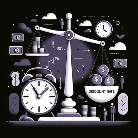 Symbolic image of discount rate, showing a pair of scales and clocks