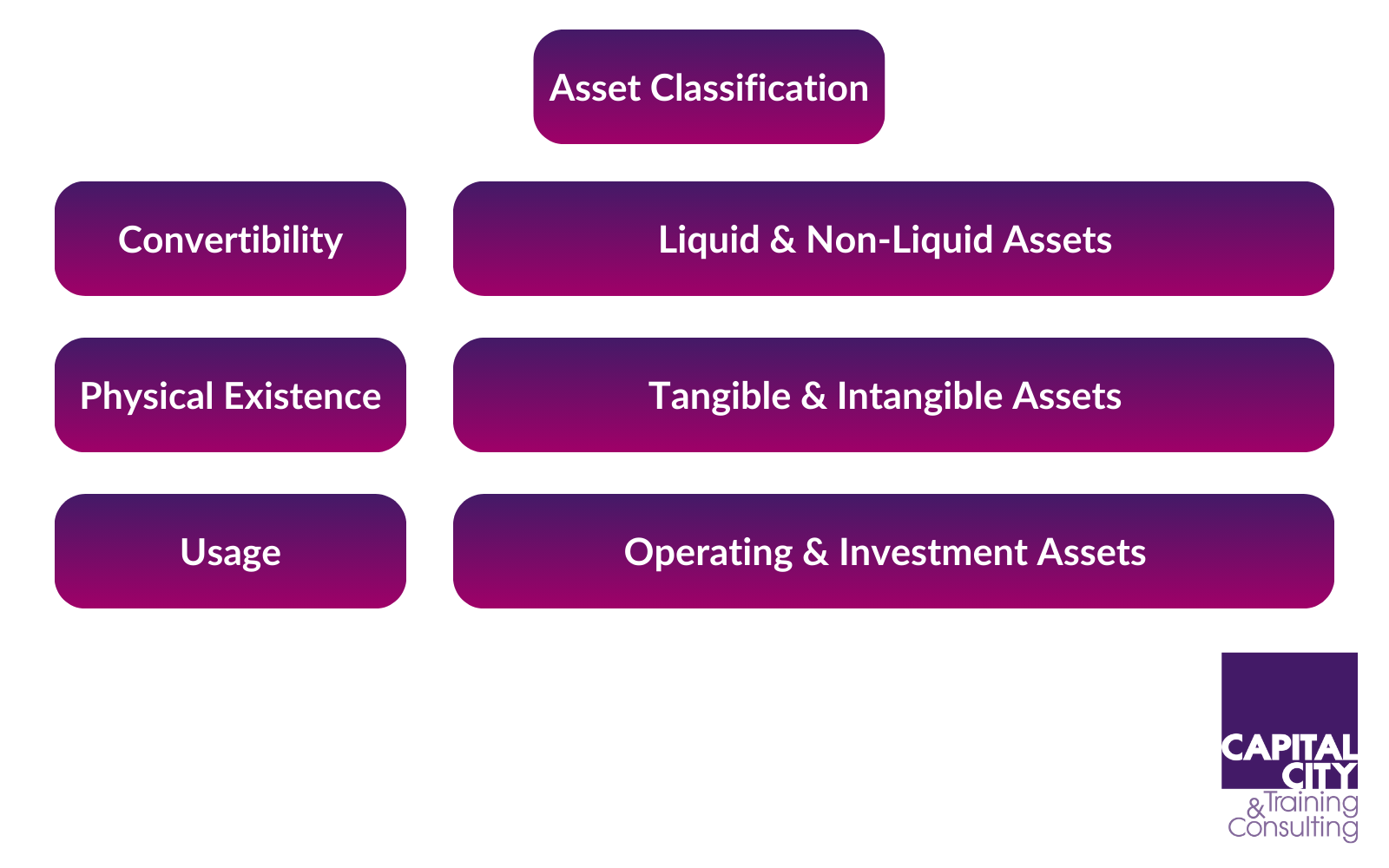 Diagram showing different classification groups for assets based on convertibility, physical existence and usage