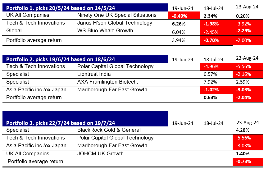 Table of the performance of individual funds in each portfolio over time.